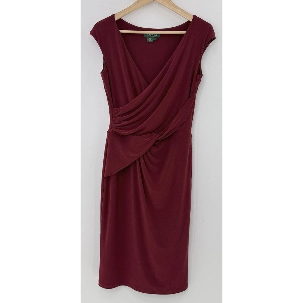Lauren Ralph Lauren Essentials Dark Red Sleeveless Ruching Dress Sz 4 FLAW‎